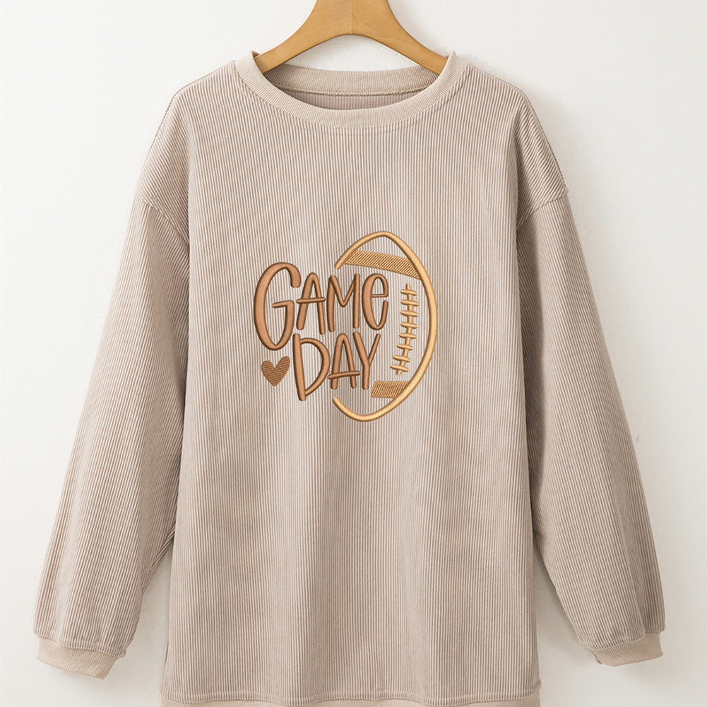 Smoke Gray Twisted Rib Texture Game Day Rugby Embroidered Baggy Sweatshirt