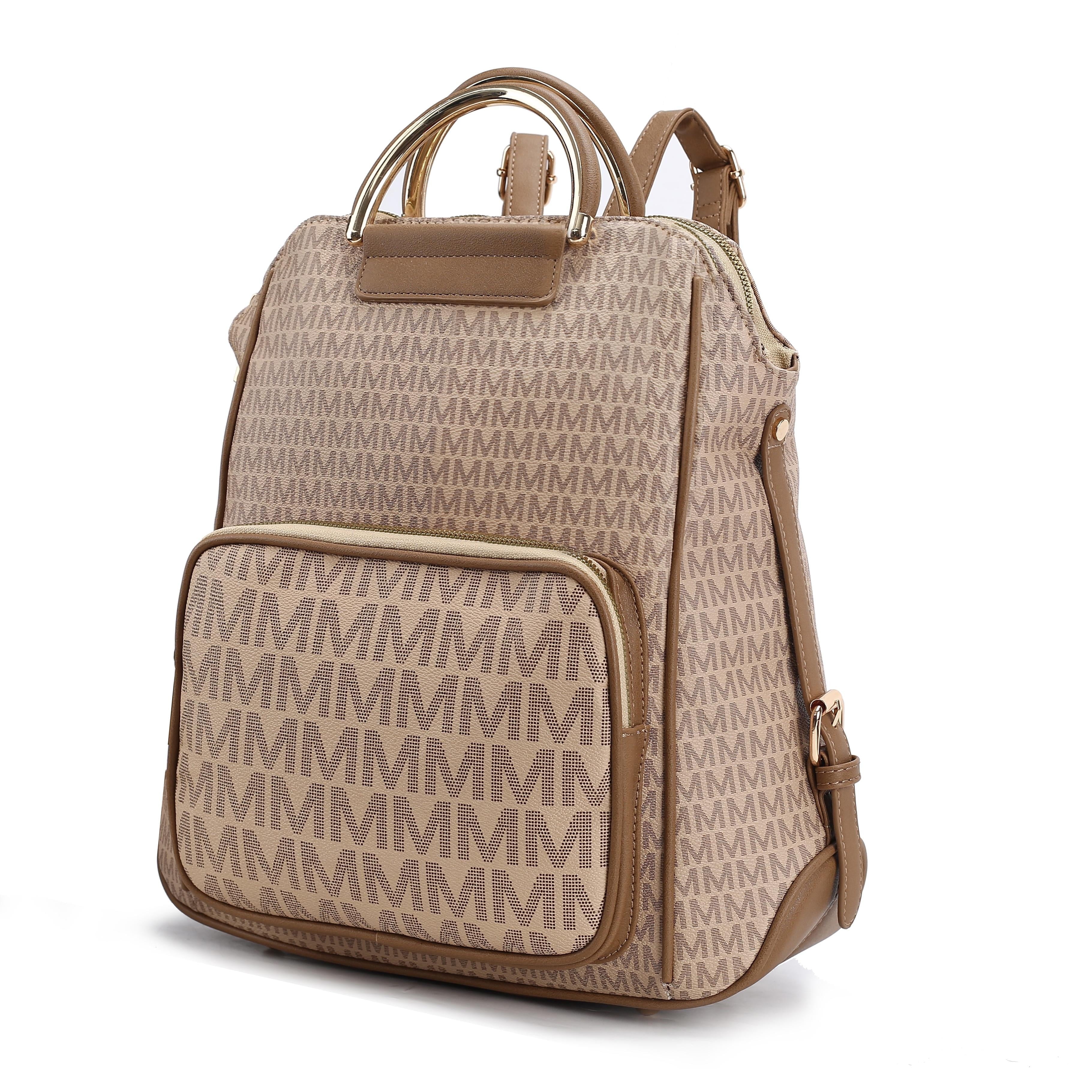 June Women’S M Logo Printed Vegan Leather Backpack for Travel by Mia K - Beige