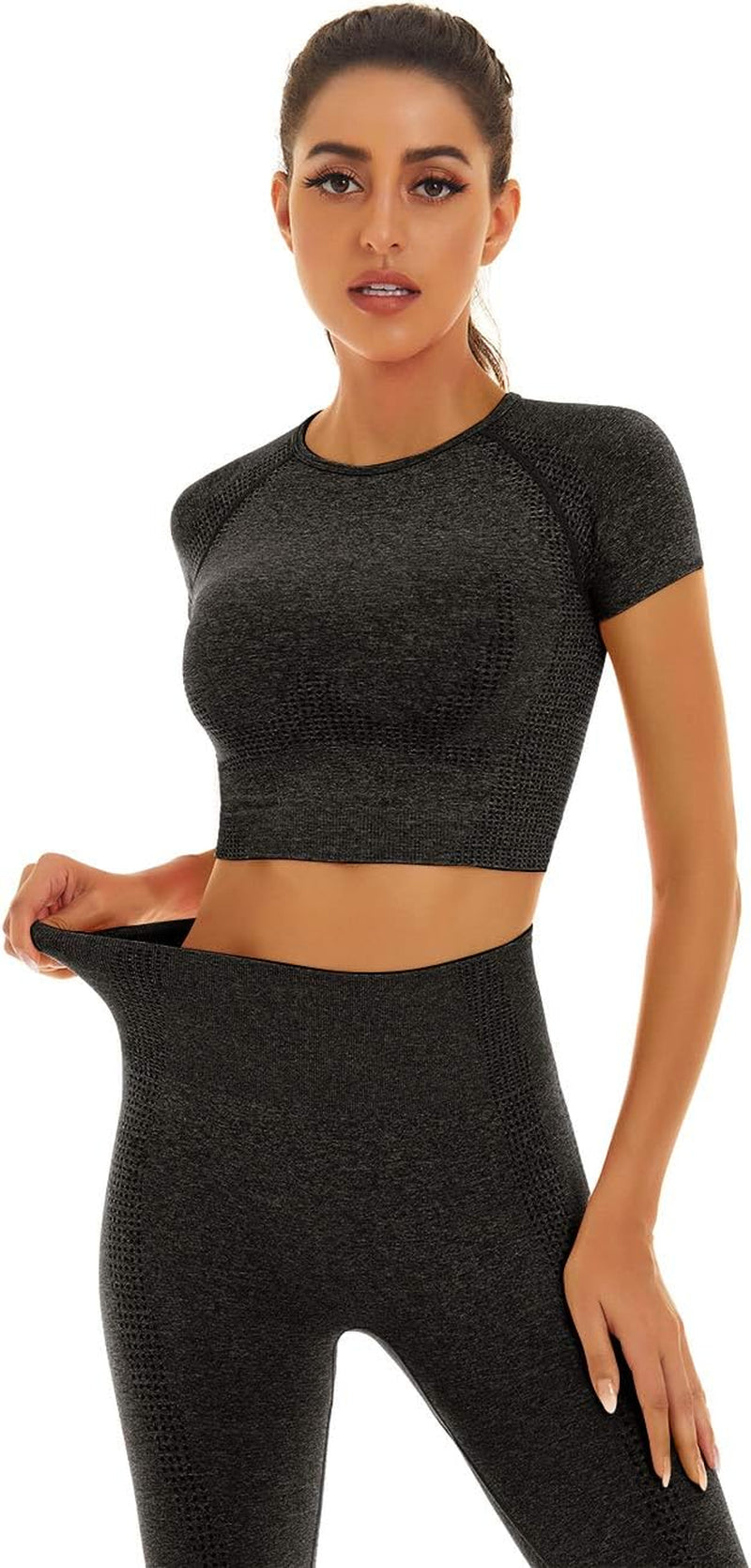 Women Seamless Workout Outfits Yoga 2 Piece Set Legging Short Sleeve Top (Black Gray, Small)