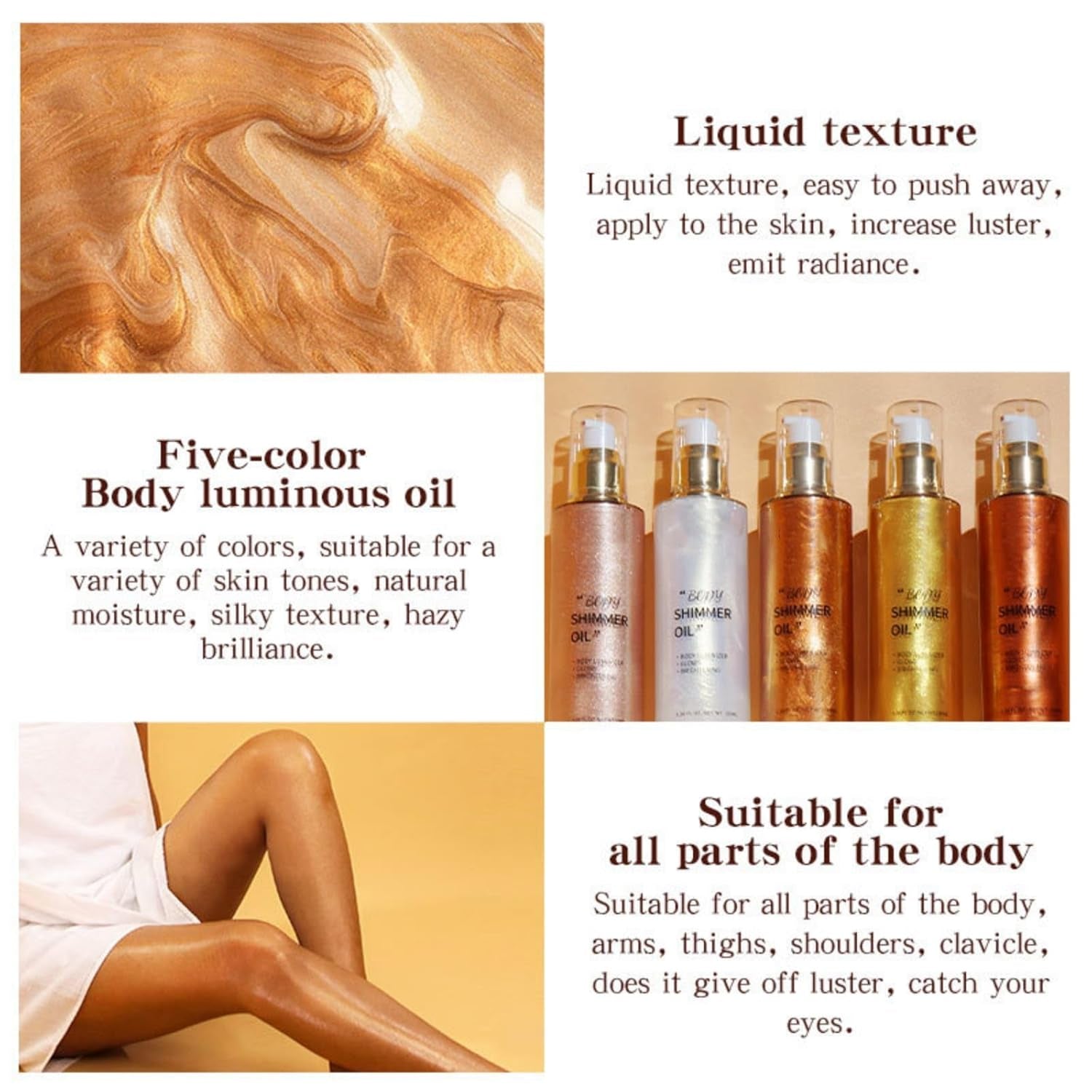 Shimmer Body Luminizer 5 Colors Moisturizing Glow Illuminator Smooth and Non-Sticky Summer Highlighter for Face and Body (80ML, 04 Golden Brown)