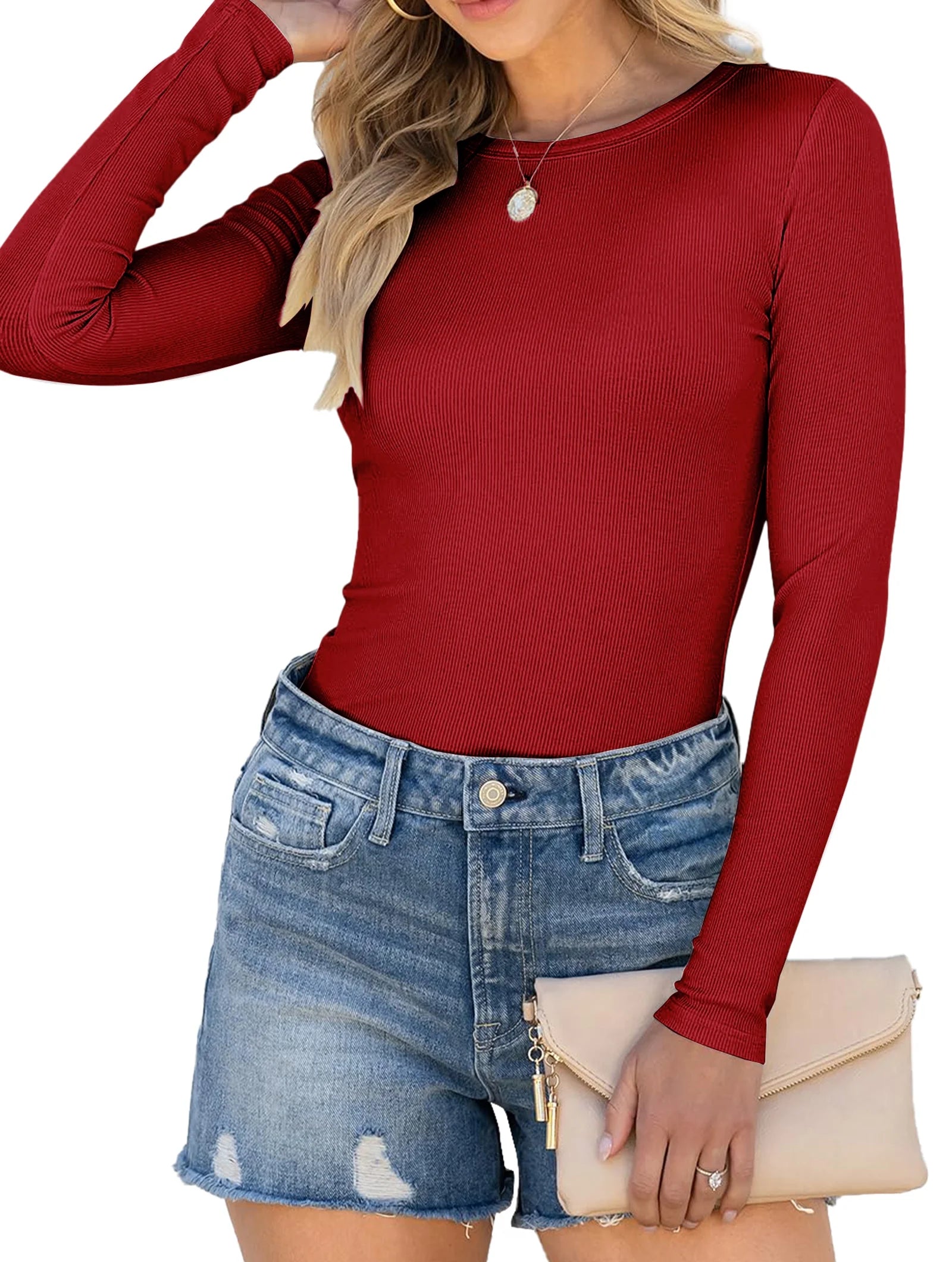 Fitted Long Sleeve Shirts for Women Stretch Casual Basic Tops Crewneck Ribbed Tees Shirts