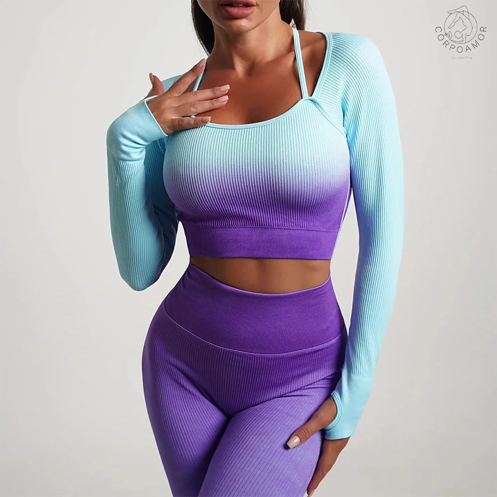 Women'S Fitness Clothing Gym Outfit and Yoga Workout Set Crop Top and High Waisted Leggings Ombre Gradient 2 Piece Set (Purple/Blue, Small)