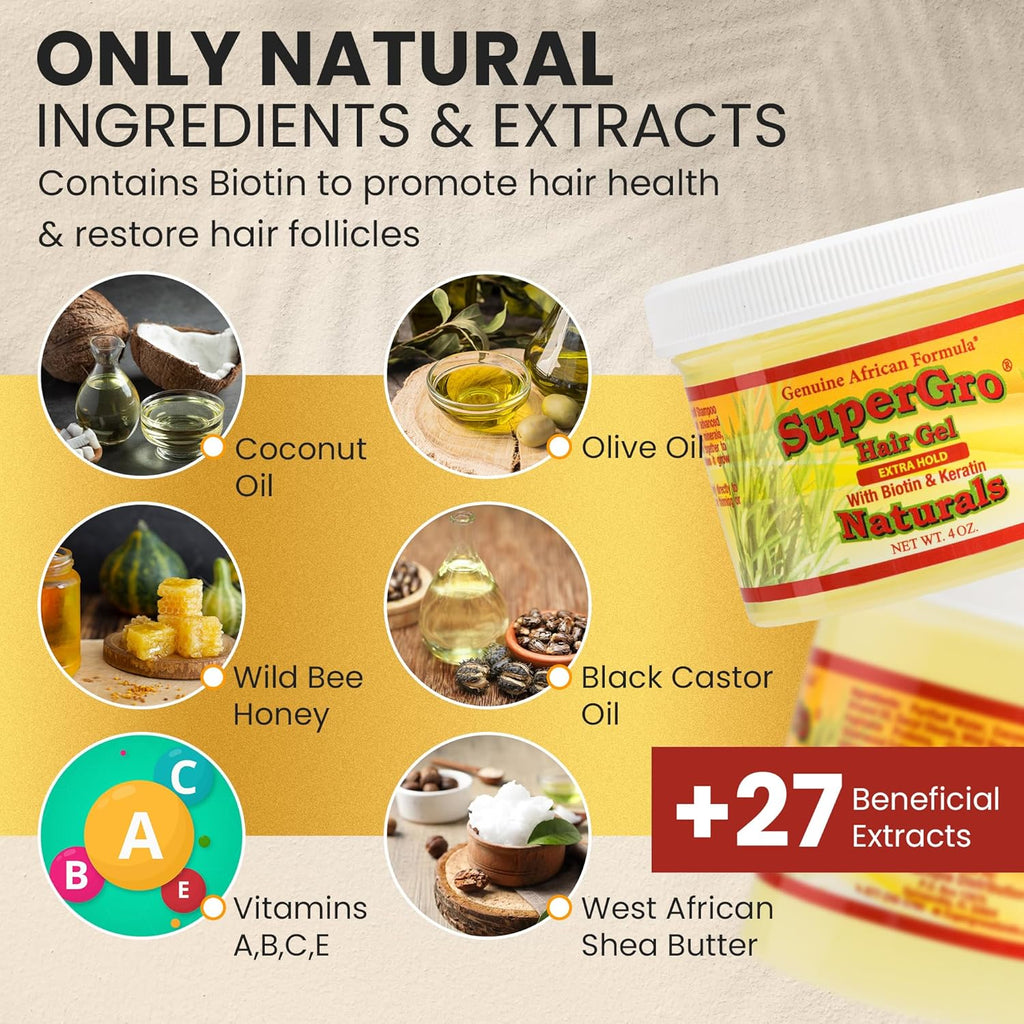 Supergro Hair Gel with Extra Hold - for Braiding, Locking, Instant Edge Control, Twisting, Retwisting - Natural Grip Jam for Neat Shining - Braid, Loc Care Gel with Black Castor Oil - 4 Oz