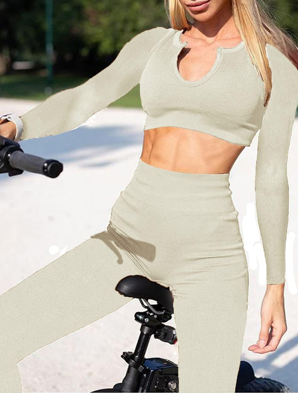 Yoga Outfits for Women 2 Piece Set Seamless High Waist Leggings Workout Crop Tank Gym Activewear Beige M