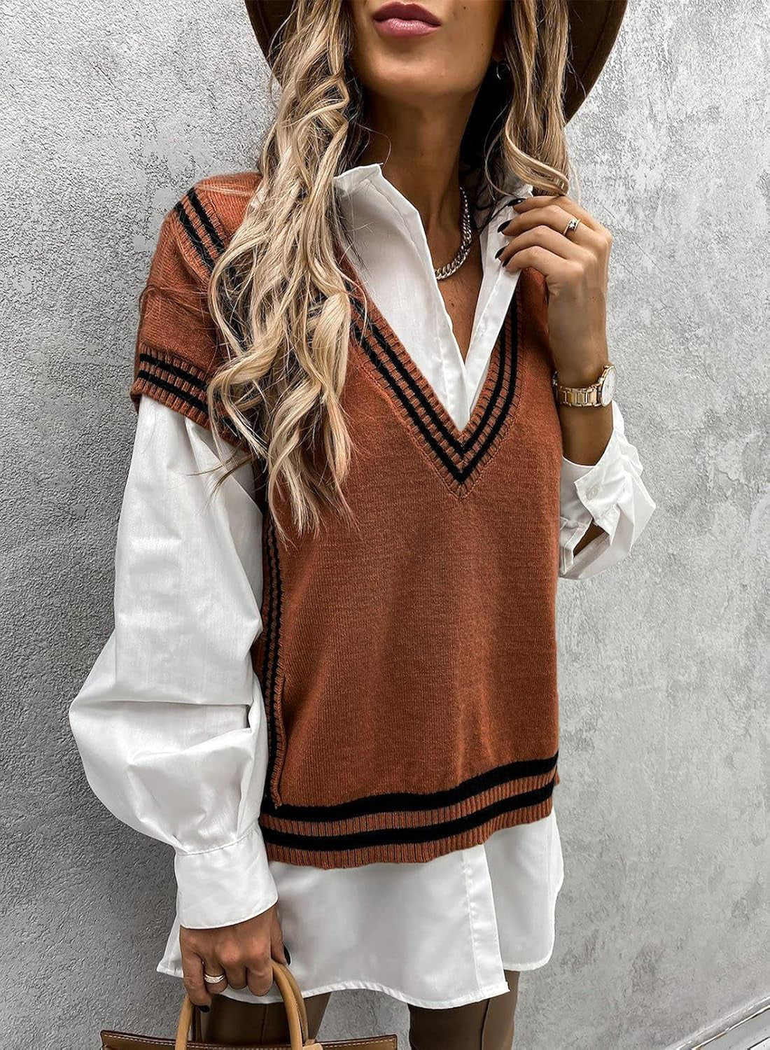 Womens plus Size Oversized Knit Pullover Sweater Vest School Uniform Sleeveless Jumper Sweater Waistcoat Orange Brown 2XL