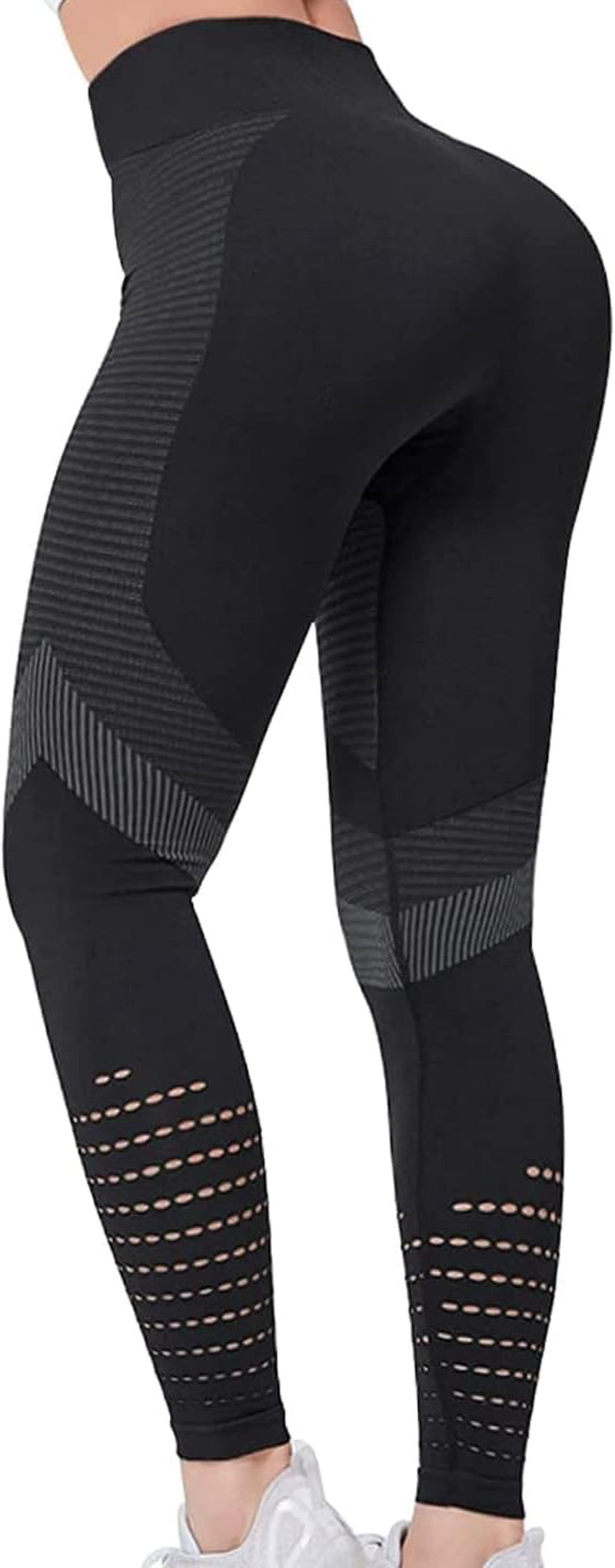 Women'S Yoga Leggings High Waist Tummy Control Hollow Out Stripe Sports Running Tights Pants (Black, Large)