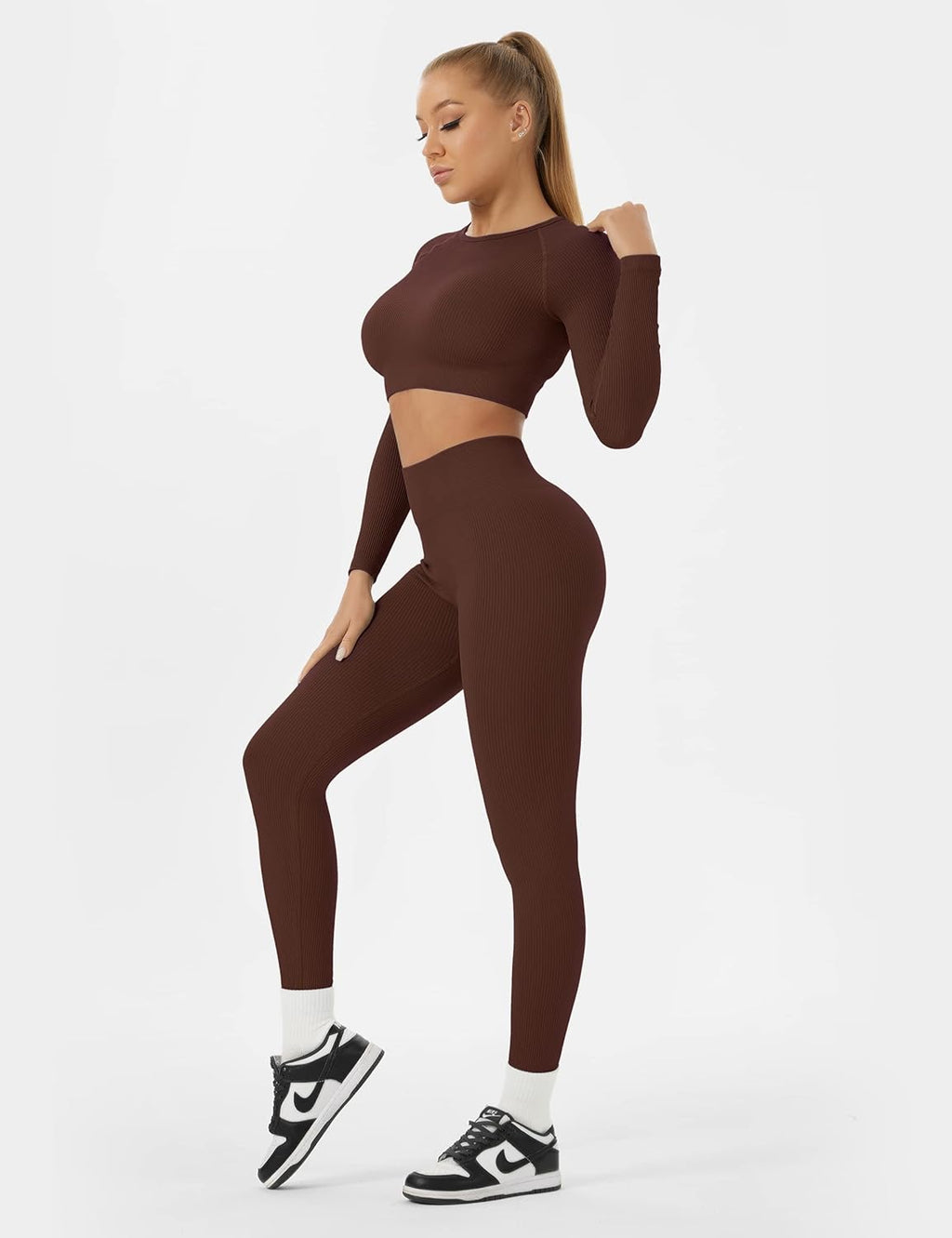Women Workout Sets 2 Pieces Long Sleeve Yoga Outfits Gym Clothes Seamless Ribbed Crop Top High Waist Leggings