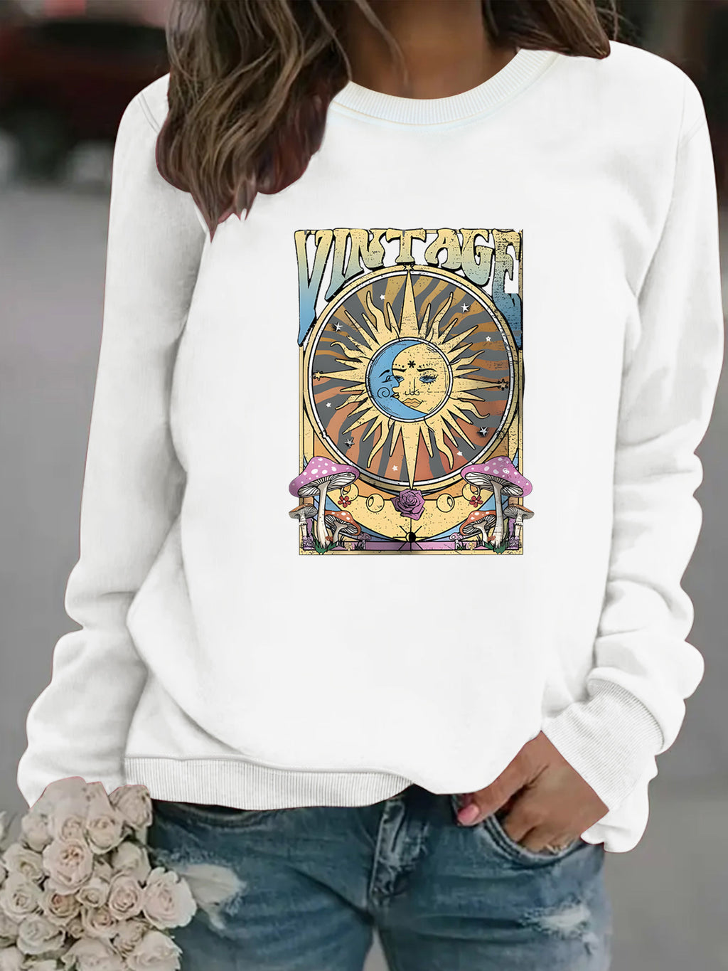 Women's Autumn And Winter Clothing Casual Long Sleeve Round Neck Sun Moon Print Pullover Sweater Sweatshirt