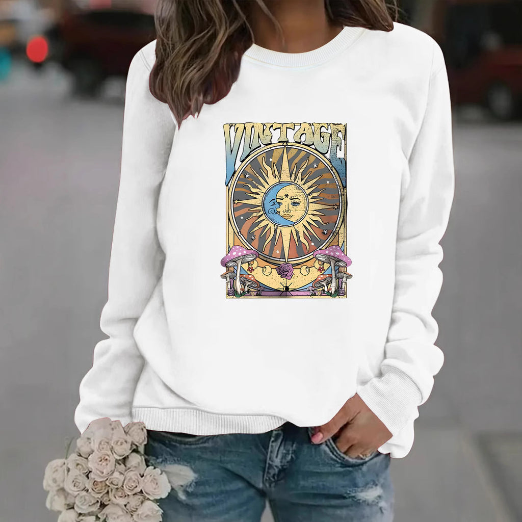 Women's Autumn And Winter Clothing Casual Long Sleeve Round Neck Sun Moon Print Pullover Sweater Sweatshirt