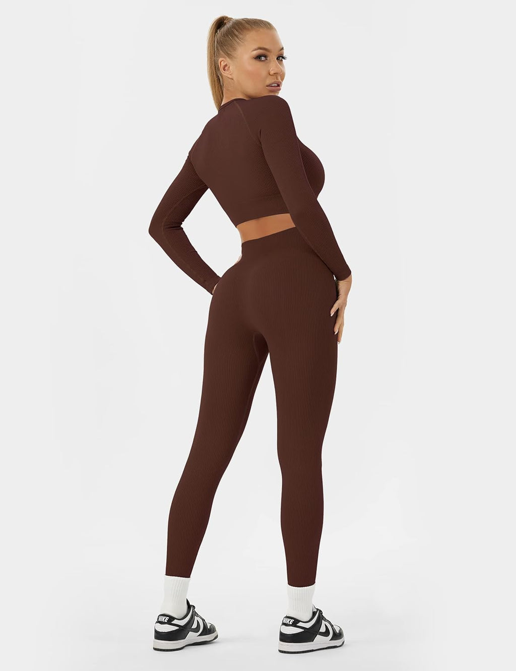 Women Workout Sets 2 Pieces Long Sleeve Yoga Outfits Gym Clothes Seamless Ribbed Crop Top High Waist Leggings