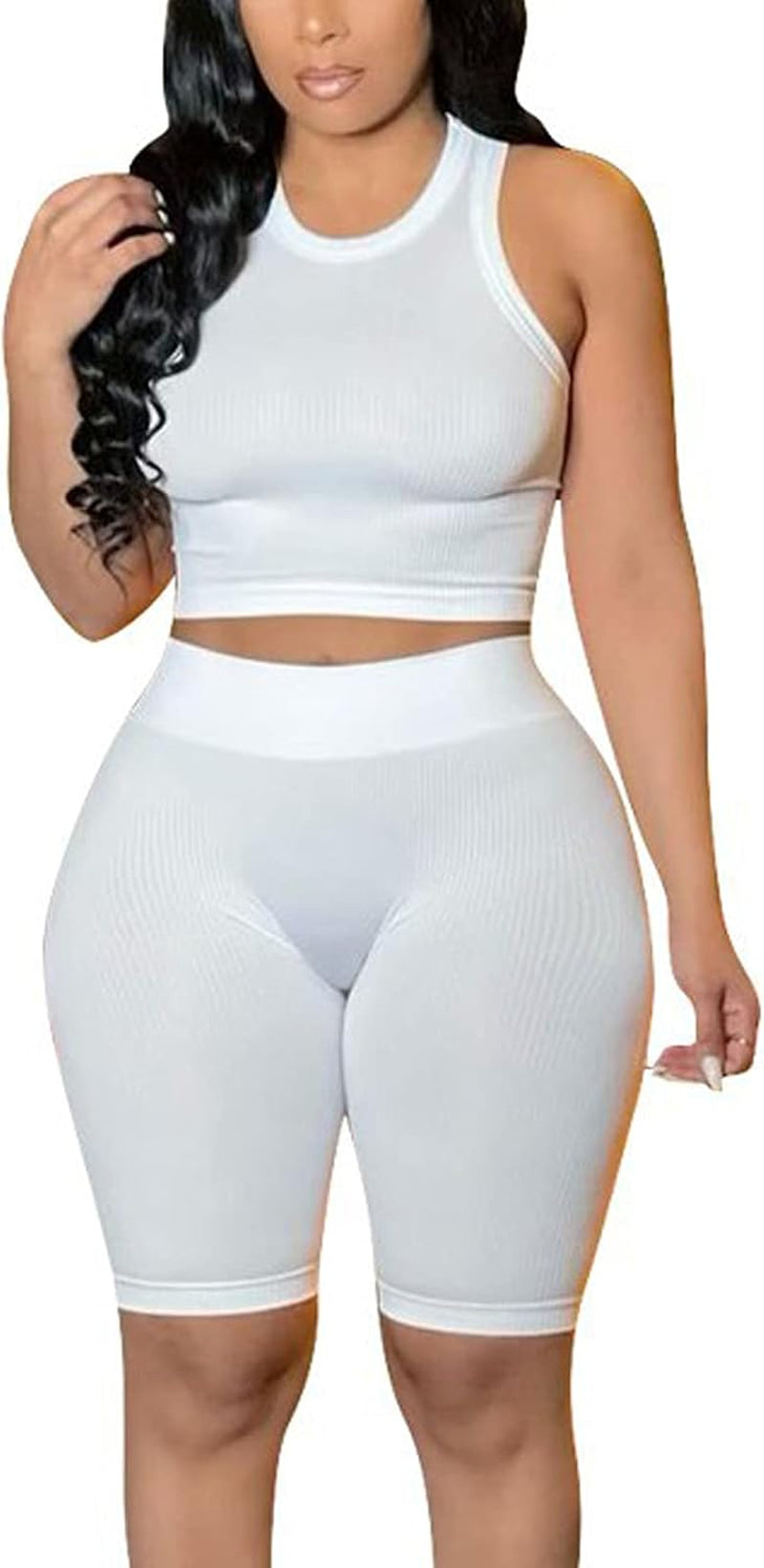Women'S Sexy Shorts Set 2 Piece Summer Outfits Crop Top High Waist Biker Short Bodycon Jumpsuits White S