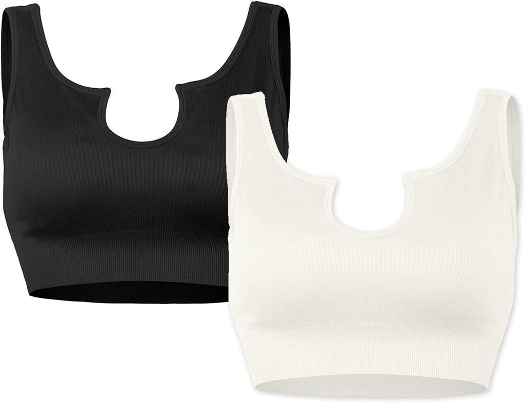 Workout Crop Tank Tops for Women,Ribbed Seamless Sports Bras Deep-V Sleeveless Running Fitness Yoga Bra with Padded