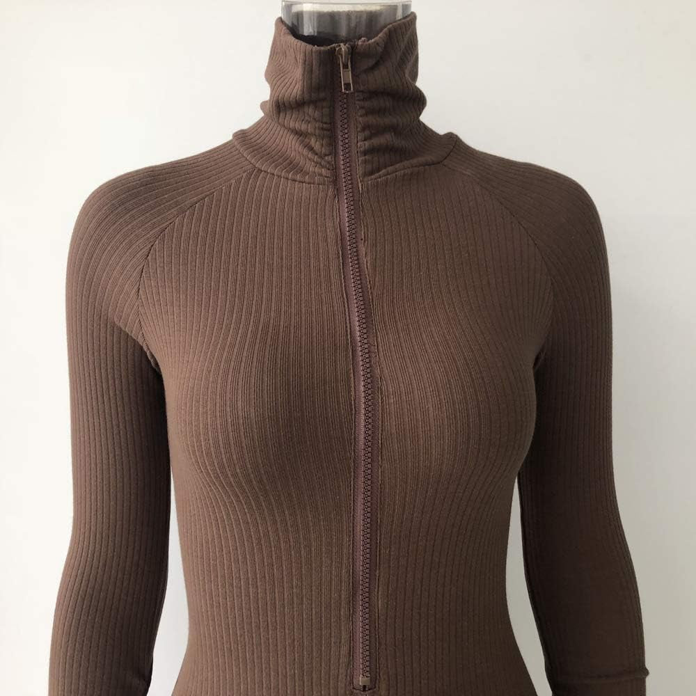 Women High Neck Zipper Ruched Bodycon Jumpsuit Tracksuit with Thumb Hole