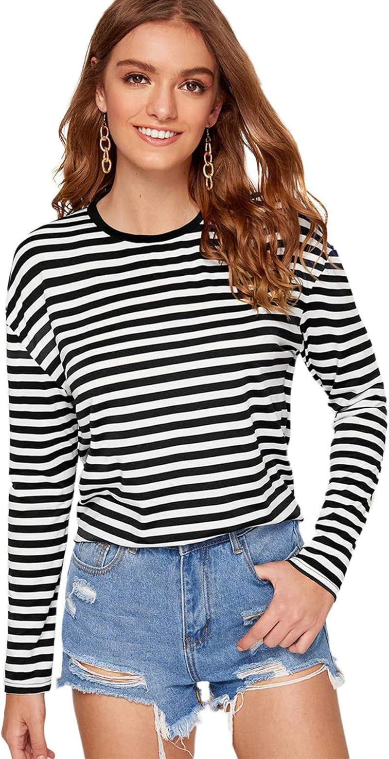 Women'S Casual Striped Tee Shirt Long Sleeve round Neck Top