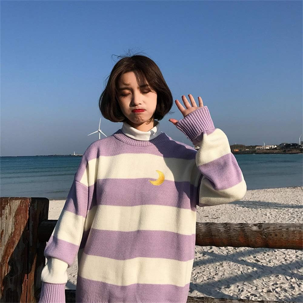 Women Kawaii Ulzzang College Wind Candy Contrast Striped Moon Sweater Clothing