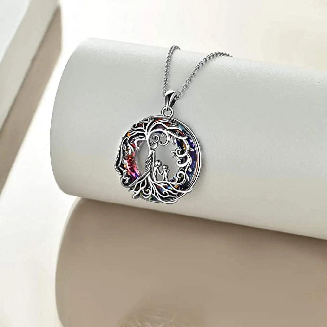 Mother and 2 Family Members Necklace Volcanic Crystal Tree of Life Pendant S925 Sterling Silver Family Protection Jewelry for Mom New Mother Keepsake Gift for Grandma Daughter Her