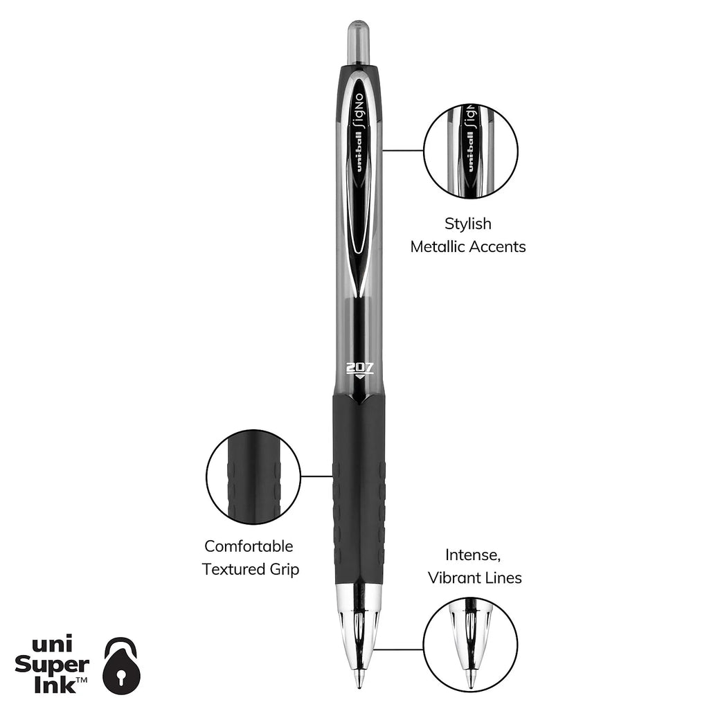 Uni-Ball 207 Retractable Gel Pens, Medium Point (0.7Mm), Black, Box of 36