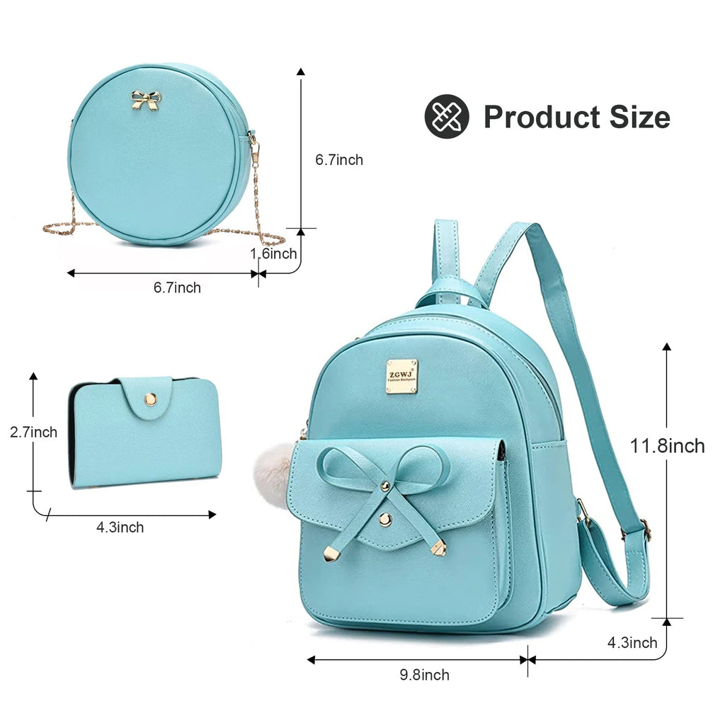 Girls Mini Leather Backpack Purse 3 Pieces Set Bowknot Small Backpack Cute Casual Travel Daypacks Green