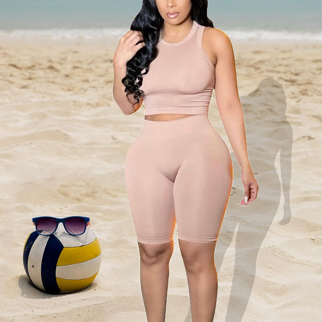 Sexy plus Size Outfits Set for Women 2 Piece Sleeveless Crop Top High Waist Club Wear Short Jumpsuits Set Khaki L