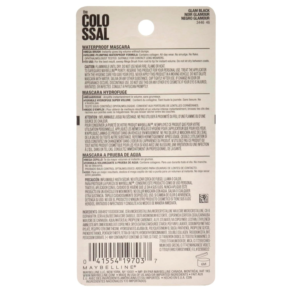 Volum' Express Colossal Waterproof Mascara Makeup, Volumizing, Glam Black, 1 Count