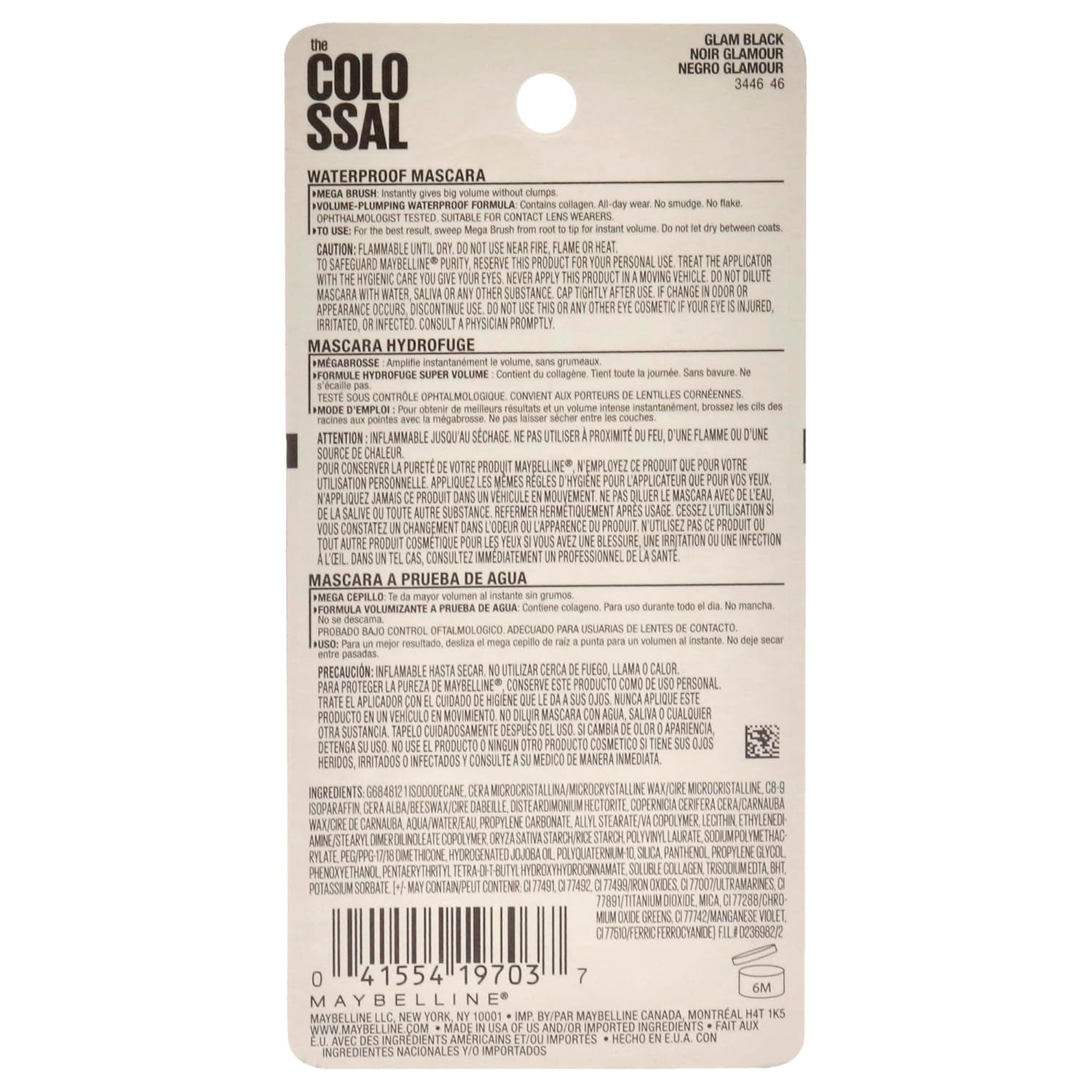 Volum' Express Colossal Waterproof Mascara Makeup, Volumizing, Glam Black, 1 Count