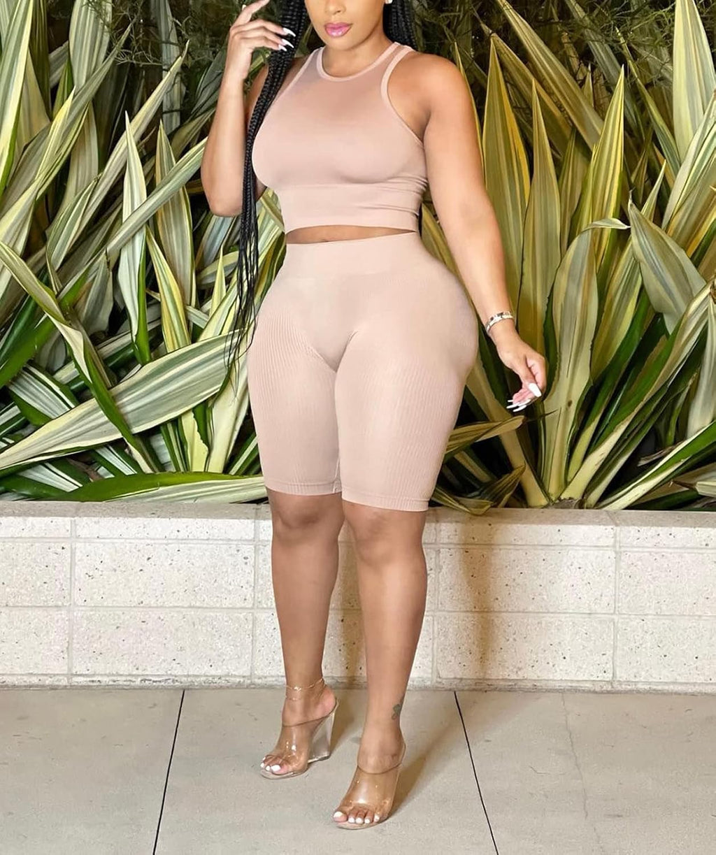 Sexy plus Size Outfits Set for Women 2 Piece Sleeveless Crop Top High Waist Club Wear Short Jumpsuits Set Khaki L