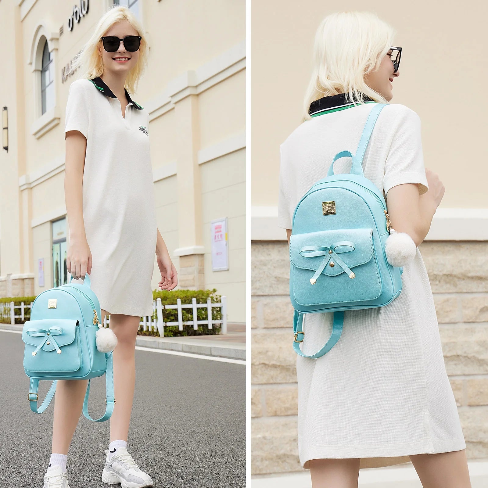 Girls Mini Leather Backpack Purse 3 Pieces Set Bowknot Small Backpack Cute Casual Travel Daypacks Green