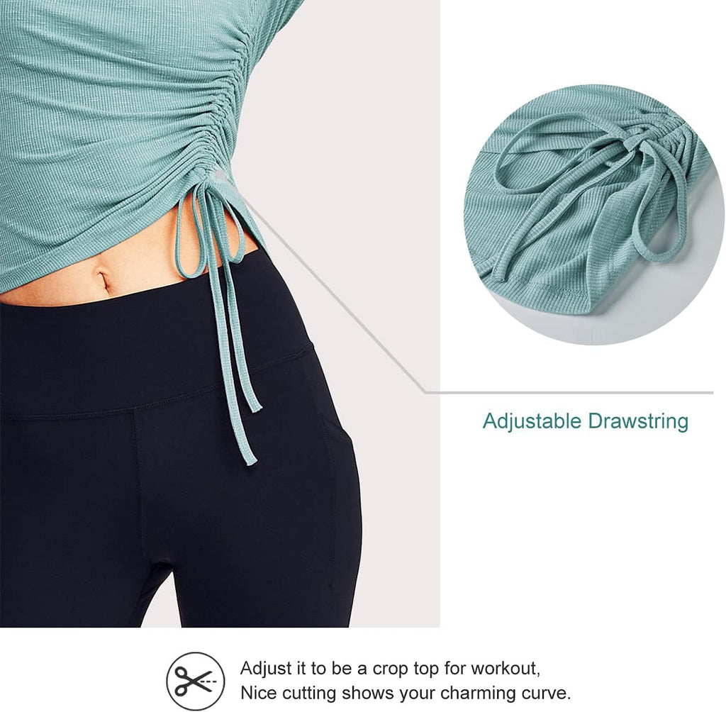 Womens Long/Short Sleeve Workout Tops Ruched Side Yoga Atheltic Shirt Slim Fitted