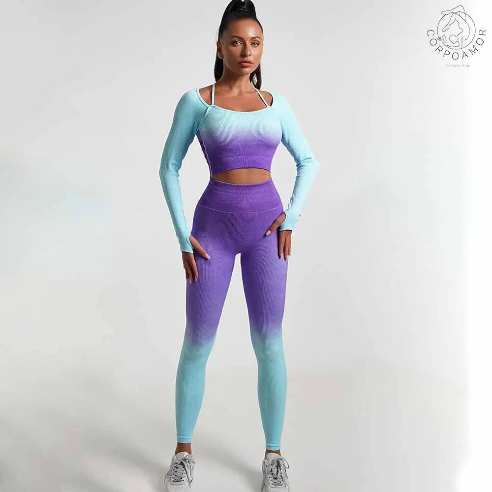 Women'S Fitness Clothing Gym Outfit and Yoga Workout Set Crop Top and High Waisted Leggings Ombre Gradient 2 Piece Set (Purple/Blue, Small)