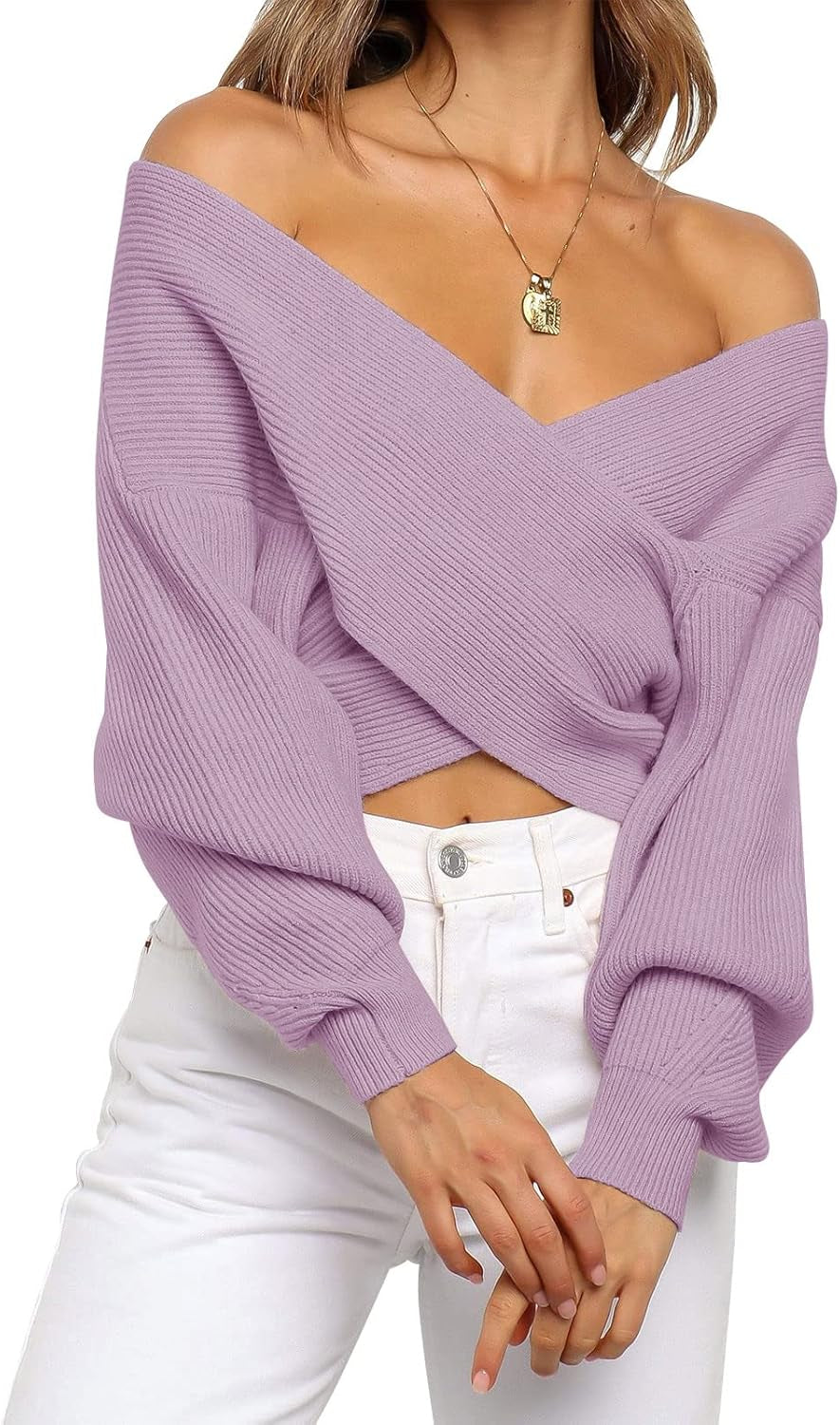 Women'S Wrap V Neck Cropped Sweaters 2024 Fall Long Sleeve Cross Front off Shoulder Solid Knitted Pullover Tops