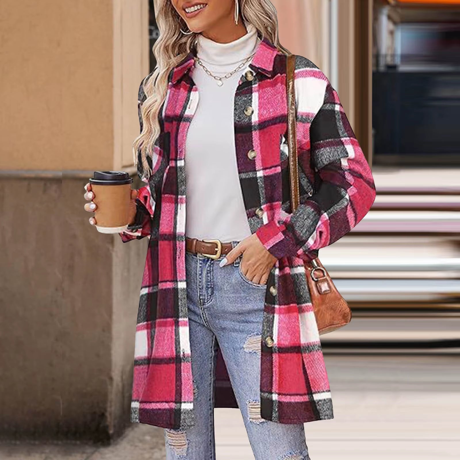 Women Plaid Shacket Jacket Lapel Long Sleeve Button down Flannel Shirts Coat Pockets Loose Casual Outerwears 2024 Fall Clothes