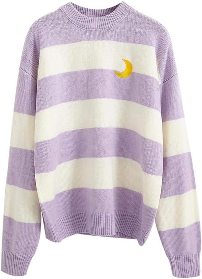 Women Kawaii Ulzzang College Wind Candy Contrast Striped Moon Sweater Clothing