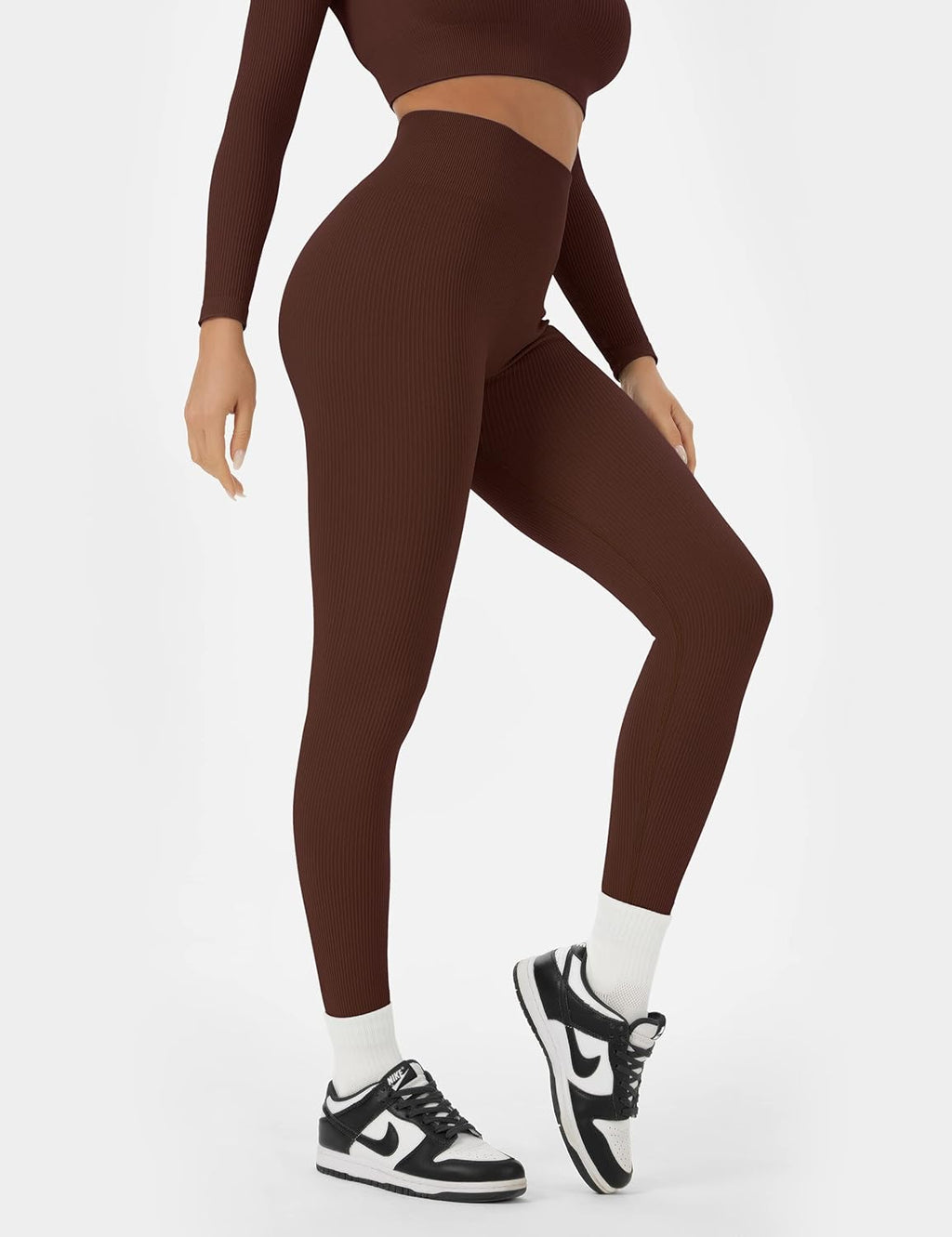 Women Workout Sets 2 Pieces Long Sleeve Yoga Outfits Gym Clothes Seamless Ribbed Crop Top High Waist Leggings