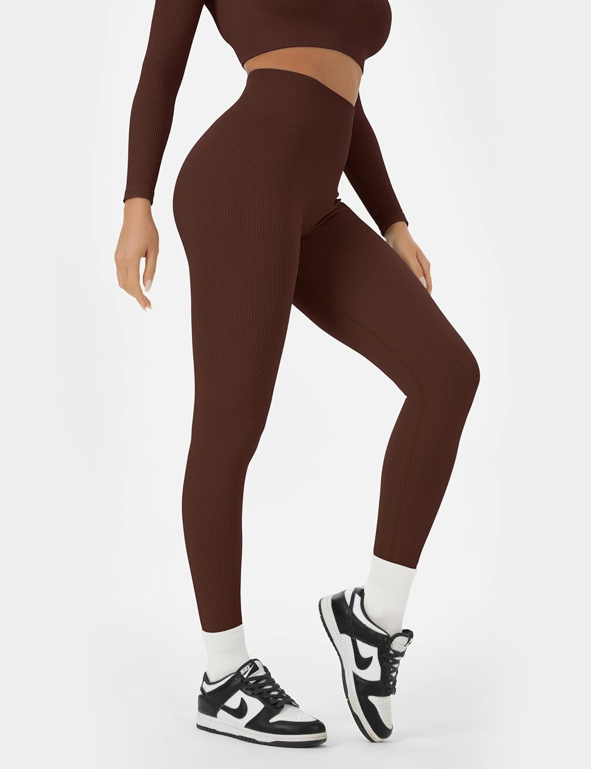 Women Workout Sets 2 Pieces Long Sleeve Yoga Outfits Gym Clothes Seamless Ribbed Crop Top High Waist Leggings