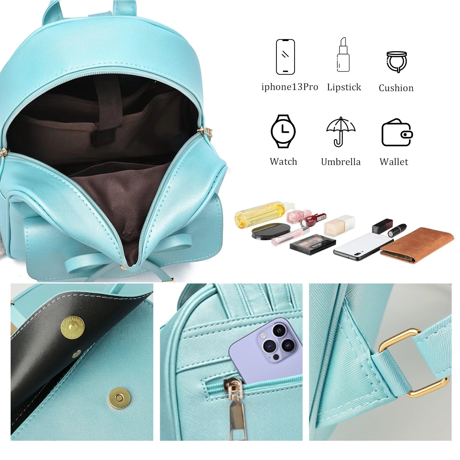 Girls Mini Leather Backpack Purse 3 Pieces Set Bowknot Small Backpack Cute Casual Travel Daypacks Green