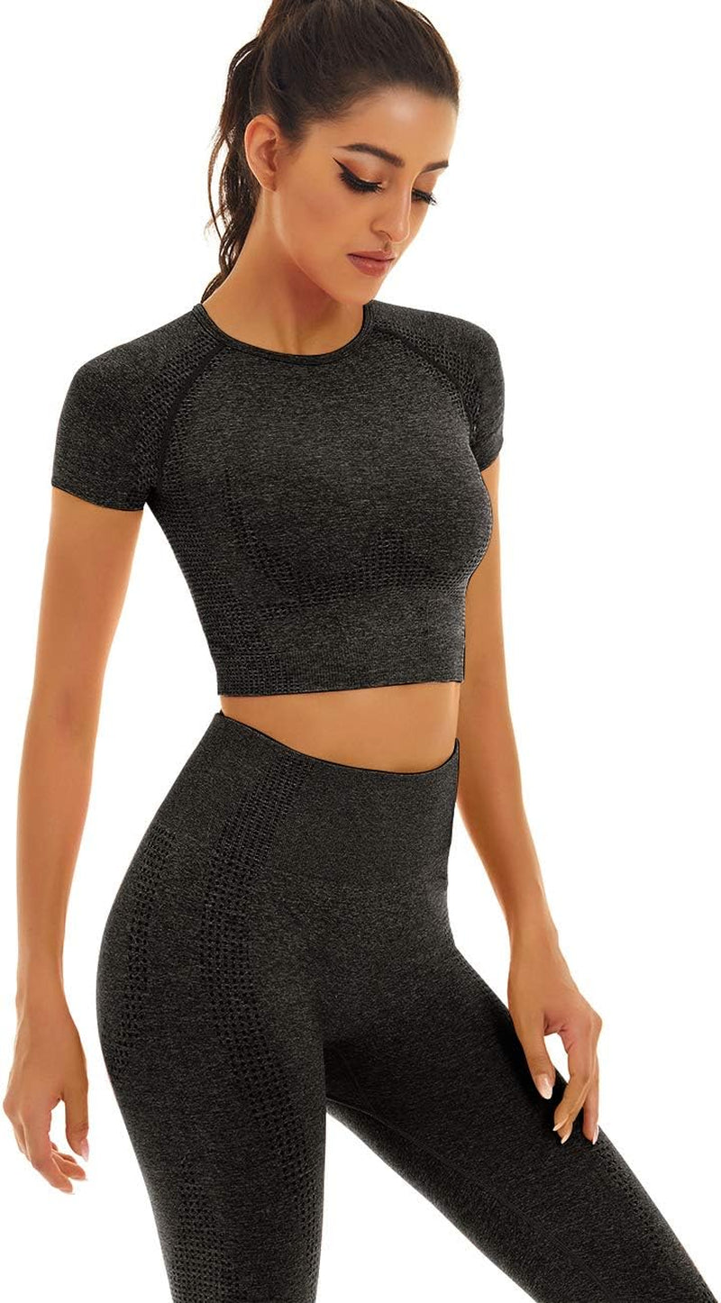 Women Seamless Workout Outfits Yoga 2 Piece Set Legging Short Sleeve Top (Black Gray, Small)