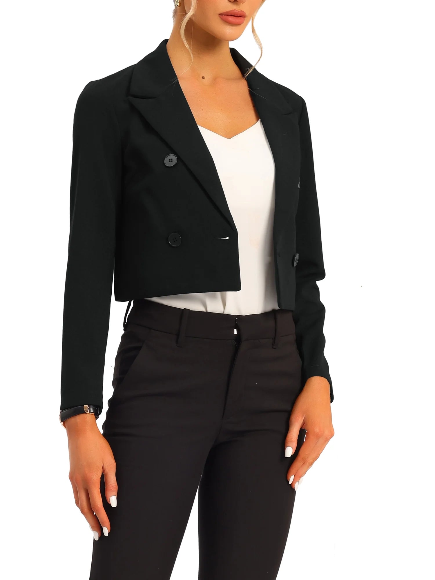 Cropped Blazer Jacket for Women'S Notched Lapel Collar Casual Office Blazers M Black