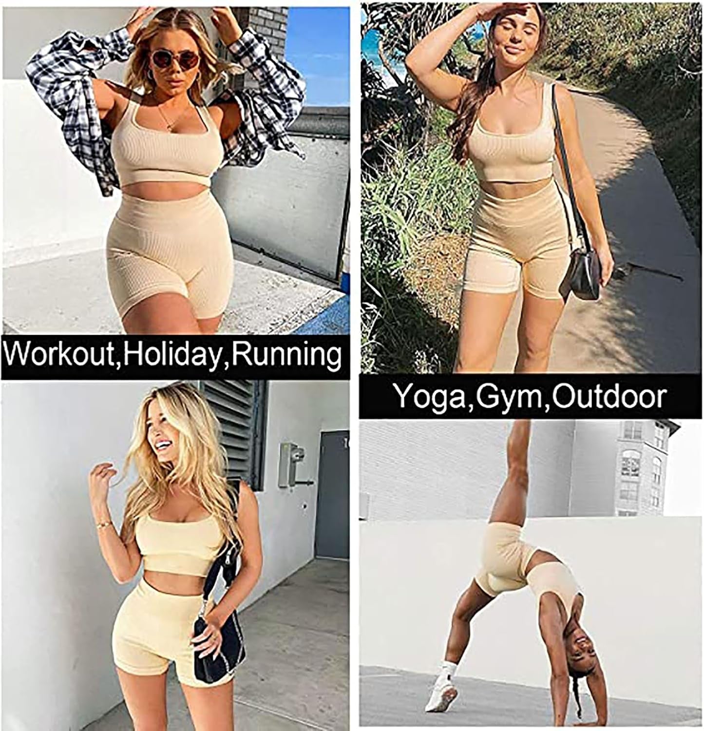 Women'S Workout Sets Ribbed Tank 2 Piece Seamless High Waist Gym Outfit Yoga Shorts Sets