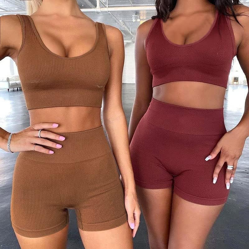 Women’S Sexy 2 Piece Workout Sets - Seamless Ribbed Legging Shorts and Scoop Neck Sports Bra Yoga Activewear Set - Brown Size M