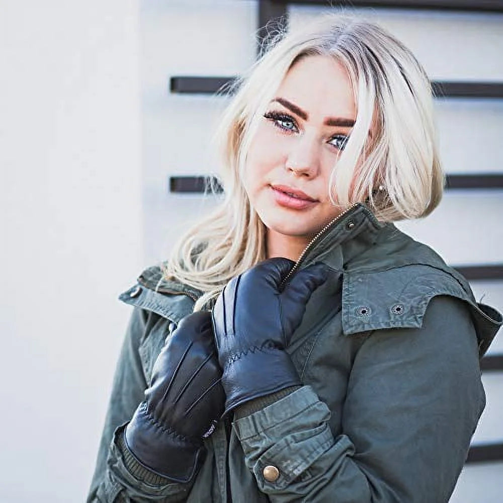 Women'S Insulated Durable Leather Thermal Winter Gloves, Black, L