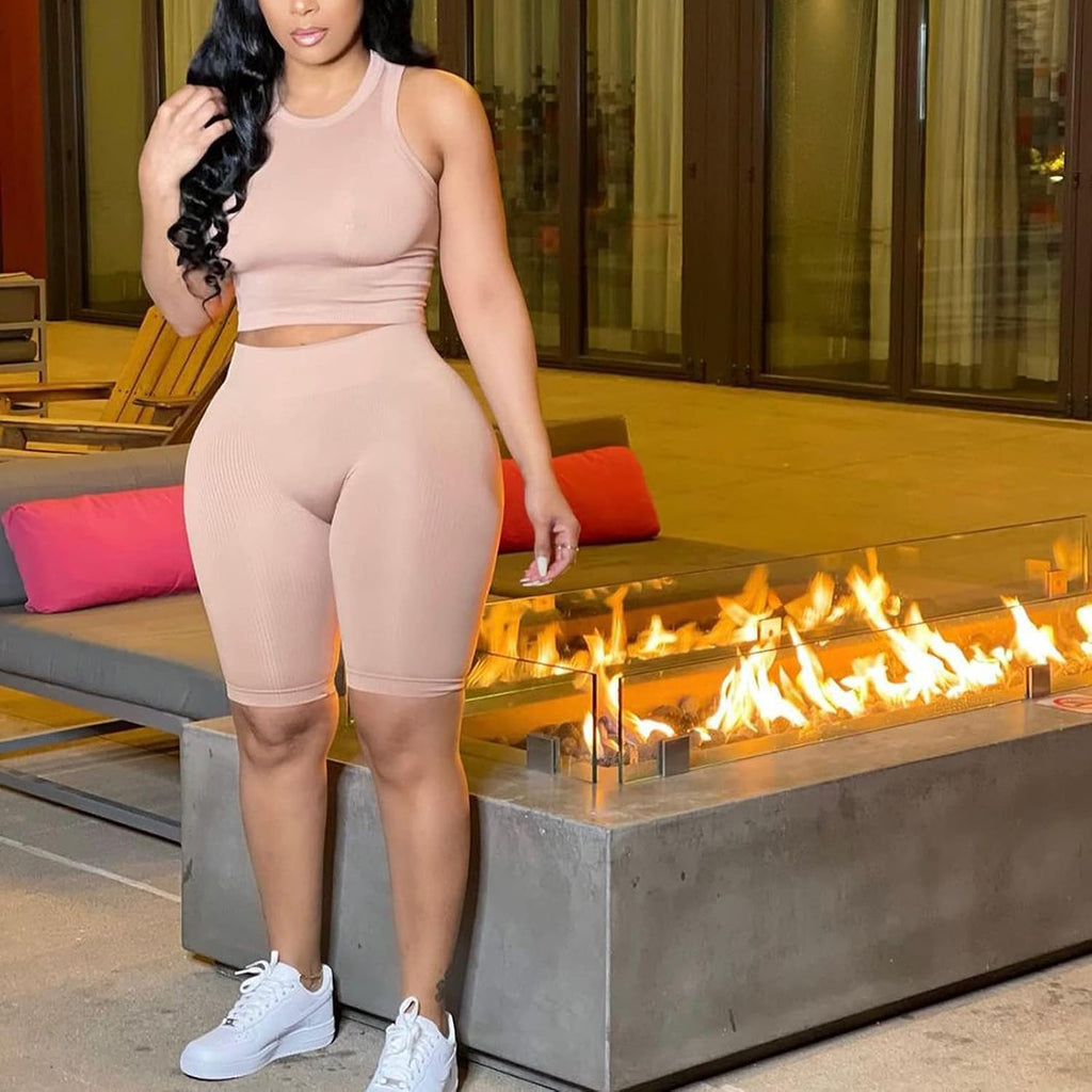 Sexy plus Size Outfits Set for Women 2 Piece Sleeveless Crop Top High Waist Club Wear Short Jumpsuits Set Khaki L