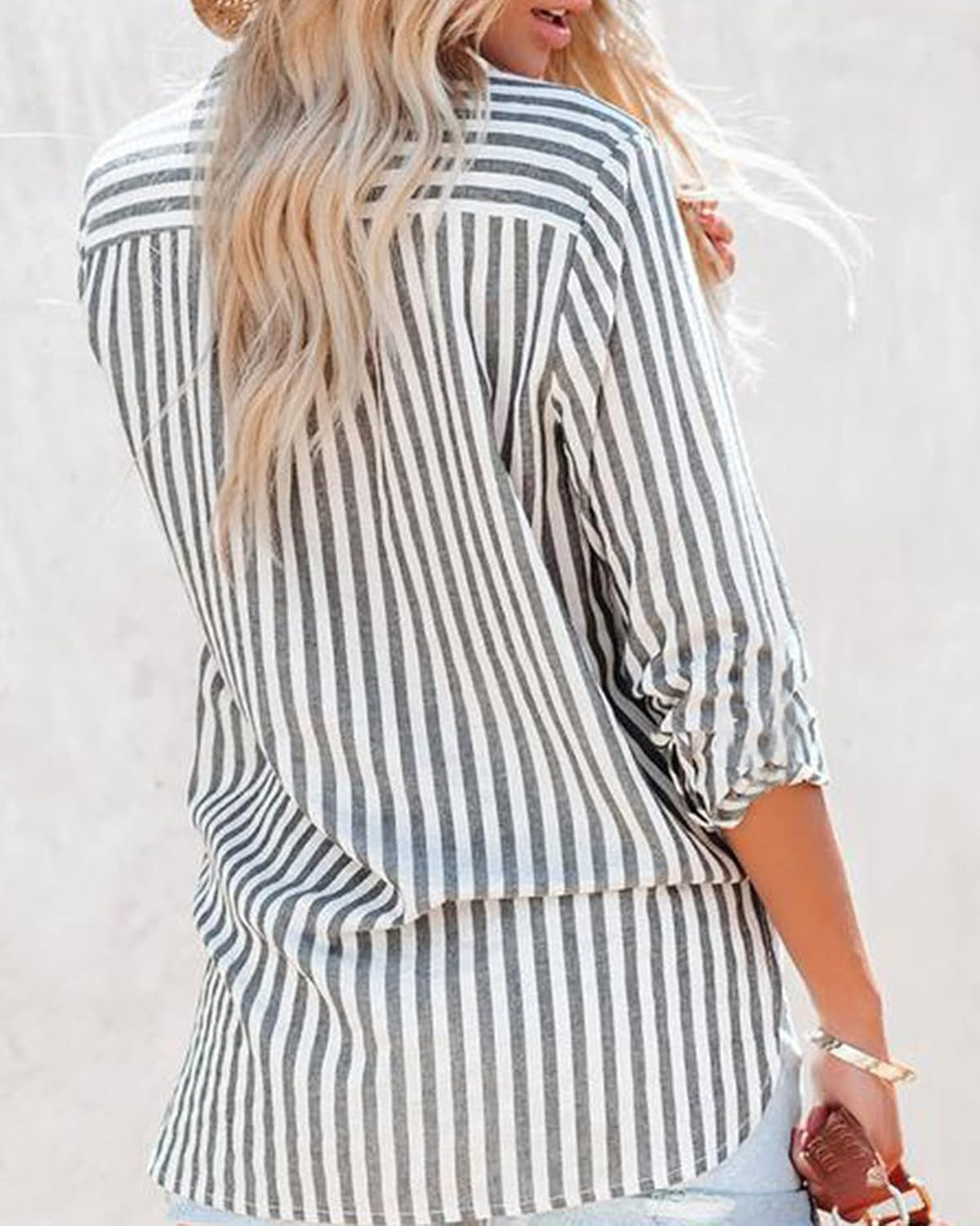 Women'S Striped Button down Shirts Casual Long Sleeve Stylish V Neck Blouses Tops with Pockets