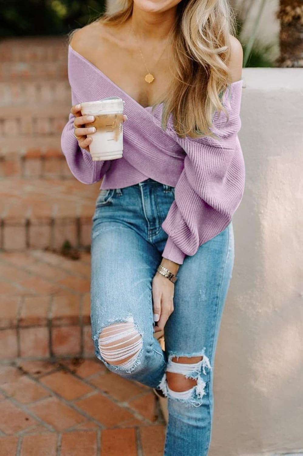 Women'S Wrap V Neck Cropped Sweaters 2024 Fall Long Sleeve Cross Front off Shoulder Solid Knitted Pullover Tops