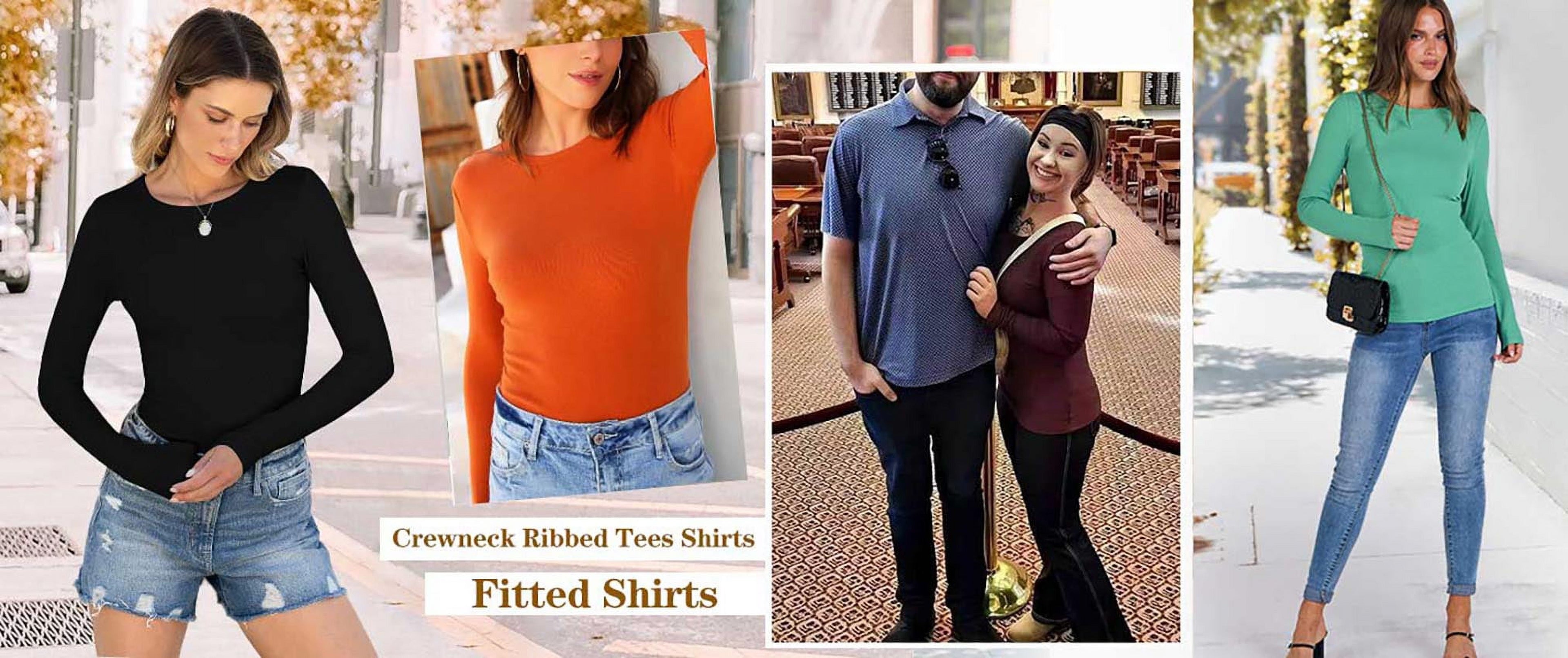 Fitted Long Sleeve Shirts for Women Stretch Casual Basic Tops Crewneck Ribbed Tees Shirts