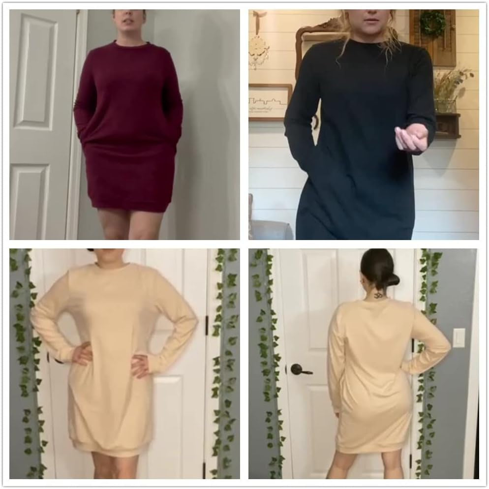 Women'S Fleece Long Sweatshirt Dress Crewneck Pullover Casual Long Sleeve Bodycon Mini Sweater Dress