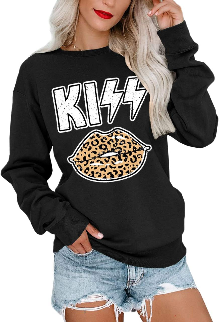 Crewneck Sweatshirts for Women Casual Graphic Shirts Warm Leopard Lips Print Pullover Tops Kiss Lip L