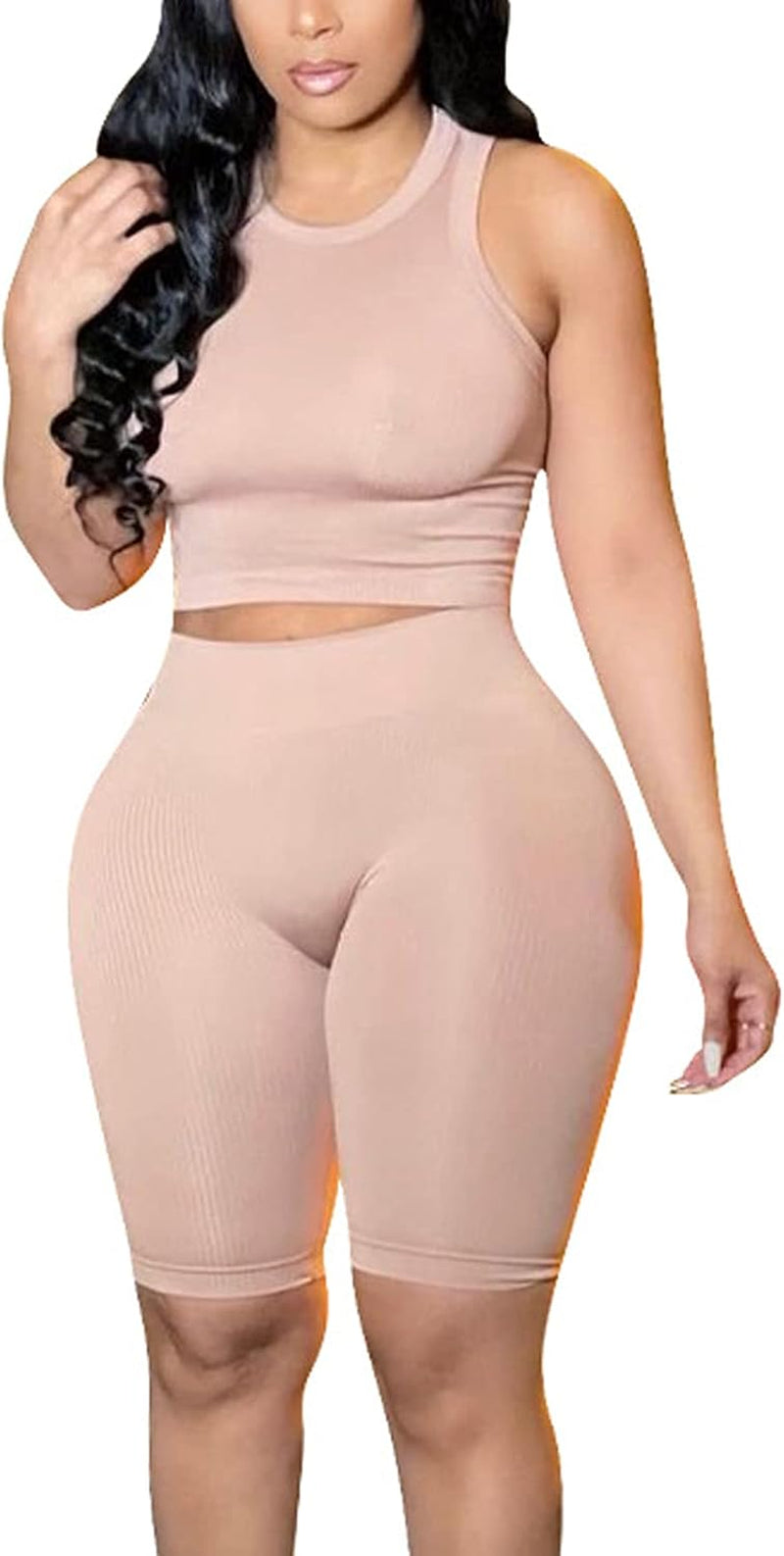 Sexy plus Size Outfits Set for Women 2 Piece Sleeveless Crop Top High Waist Club Wear Short Jumpsuits Set Khaki L