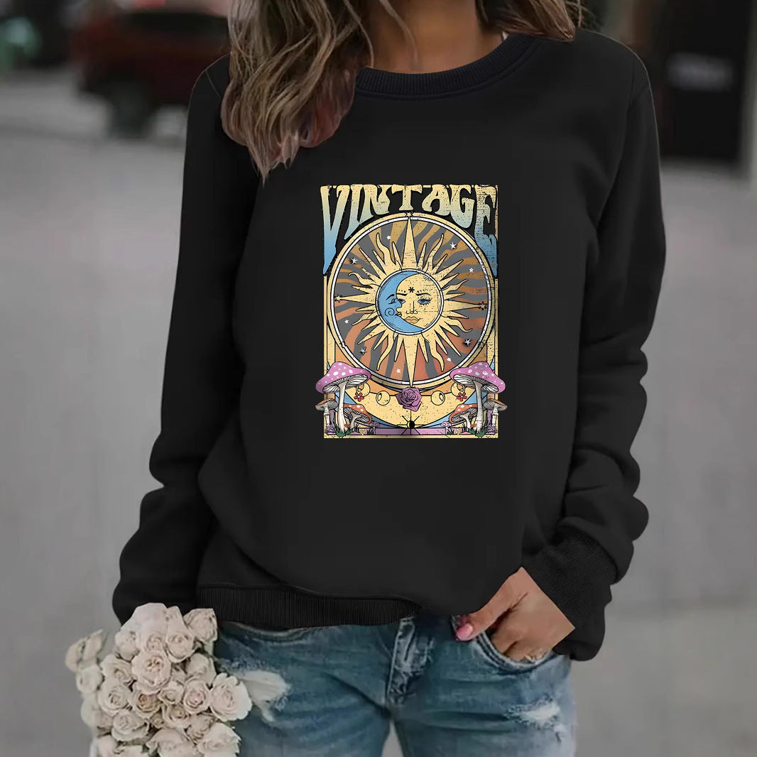 Women's Autumn And Winter Clothing Casual Long Sleeve Round Neck Sun Moon Print Pullover Sweater Sweatshirt
