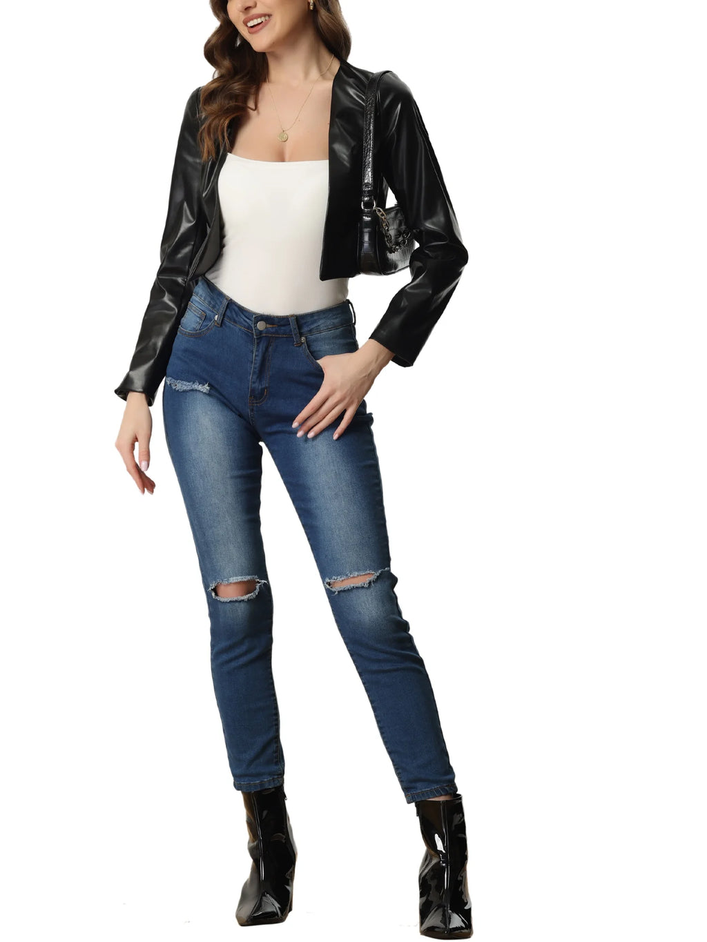 Faux PU Leather Jacket for Women'S Open Front Long Sleeve Cropped Coat XS Black