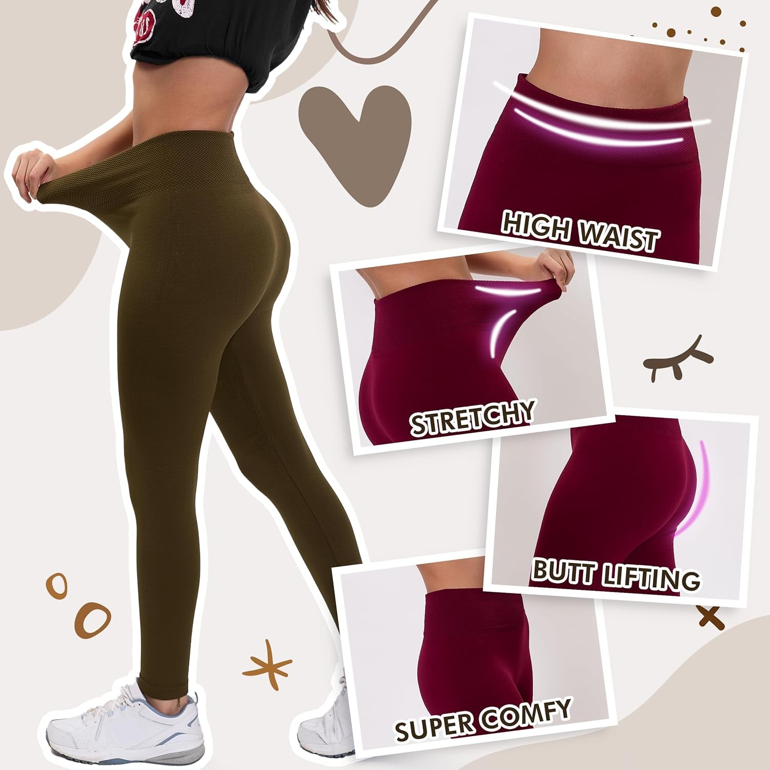 3 or 6-Pack Fleece Lined Leggings for Women, High-Waisted Women’S Leggings with Wide Waistband and Fleece Lining